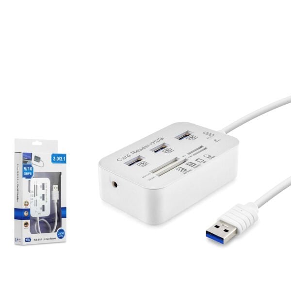 Hadron HDX7028 USB-A 3.1 - 3xUSB 3.0 Hub + MS/SD/M2/TF Kart Okuyuculu USB Çoklayıcı Döştürücü - Beyaz
