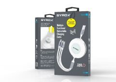 Syrox C145 2.4A 1.12mt Makaralı 2xType-C + Lightning Çoklu Şarj & Data Kablosu - Beyaz