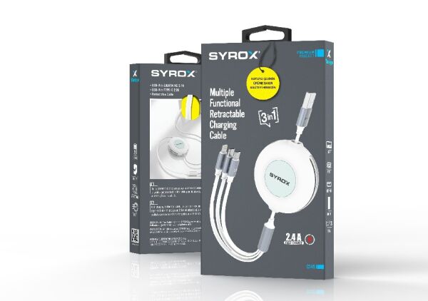 Syrox C145 2.4A 1.12mt Makaralı USB-A - 2xType-C + Lightning Çoklu Şarj & Data Kablosu - Beyaz