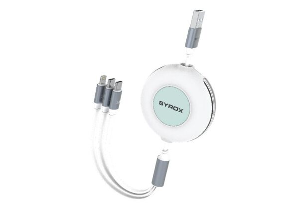 Syrox C145 2.4A 1.12mt Makaralı USB-A - 2xType-C + Lightning Çoklu Şarj & Data Kablosu - Beyaz