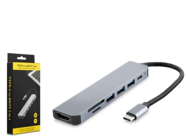 Hadron HDX7835 Type-C - 3xUSB 3.0 + Type-C PD + HDMI 4K 30Hz + Kart Okuyucu 7in1 Dönüştürücü Adaptör - Gri