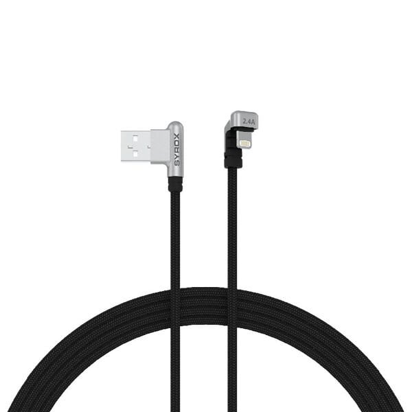 Syrox C132AL 2.4A 1.19mt Örgülü Oyuncu 90° USB - 180° Lightning Şarj & Data Kablosu - Siyah