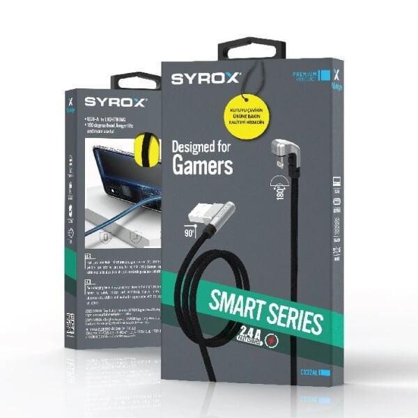 Syrox C132AL 2.4A 1.19mt Örgülü Oyuncu 90° USB - 180° Lightning Şarj & Data Kablosu - Siyah