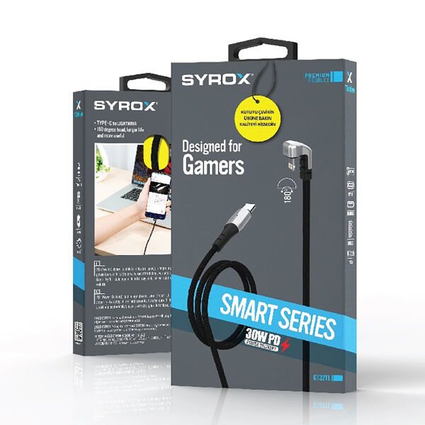 Syrox C132TL 30W PD 1.19mt Örgülü Type-C - 180° Lightning Şarj & Data Kablosu - Siyah