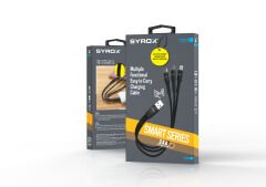 Syrox C144 2.4A 22cm Örgülü USB - 2 x Type-C 2.0A + Lightning 2.4A Çoklu Şarj & Data Kablosu - Siyah