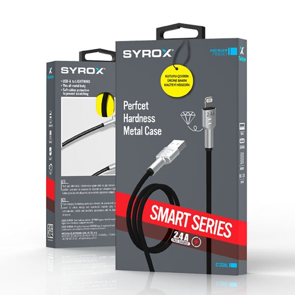 Syrox C133AL 2.4A 1.18mt Örgülü USB - Lightning Şarj & Data Kablosu - Siyah