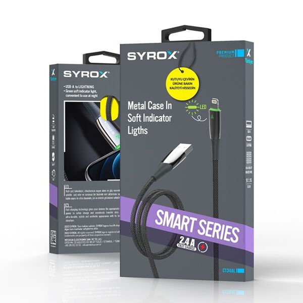 Syrox C134AL 2.4A 1.20mt Ledli Örgülü USB-A - Lightning Şarj & Data Kablosu - Siyah