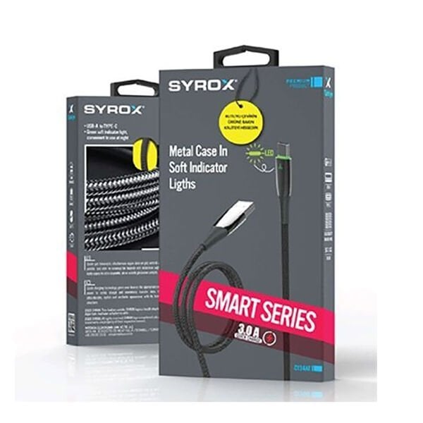 Syrox C134AT 3.0A 1.20mt Ledli Örgülü Metal Başlı USB-A - Type-C Şarj & Data Kablosu - Siyah