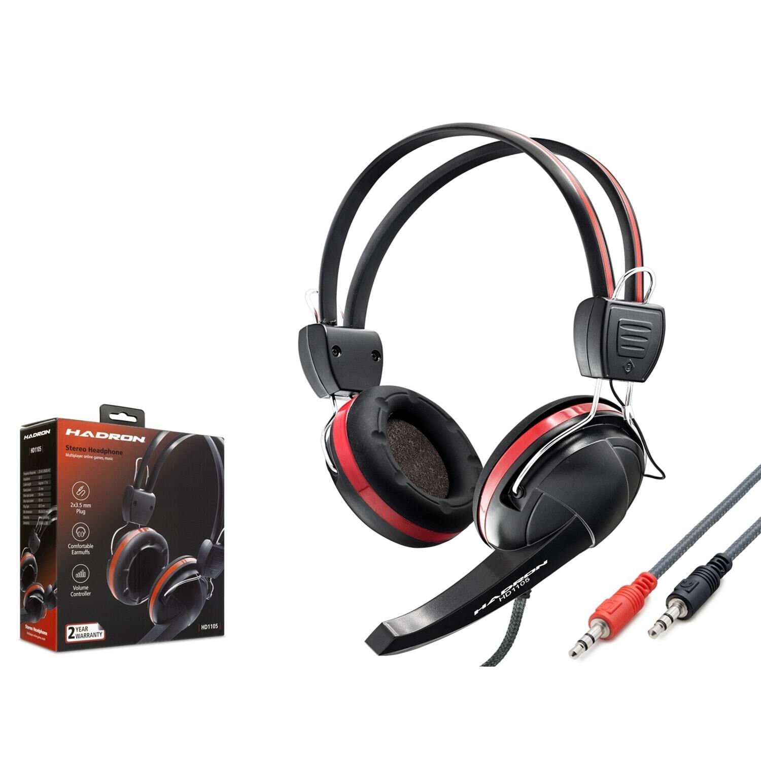 Hadron HD1105 Mikrofonlu 2x3.5mm AUX 2.20mt Örgülü Kablolu Kulaküstü Kulaklık - Kırmızı-Siyah