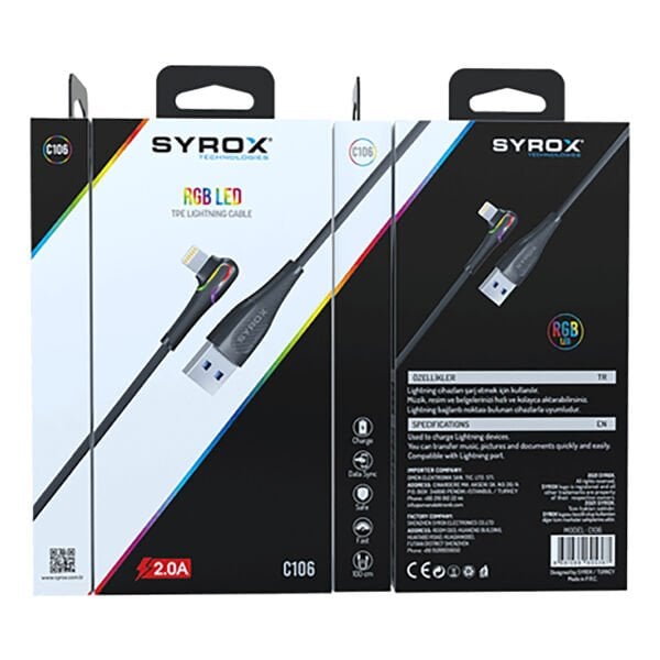 Syrox C106 2.0A 1mt RGB Ledli USB-A - 90° Lightning Şarj & Data Kablosu - Siyah
