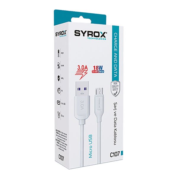 Syrox C107 Eko 3.0A 18W 1mt USB-A - Micro USB Şarj & Data Kablosu - Beyaz
