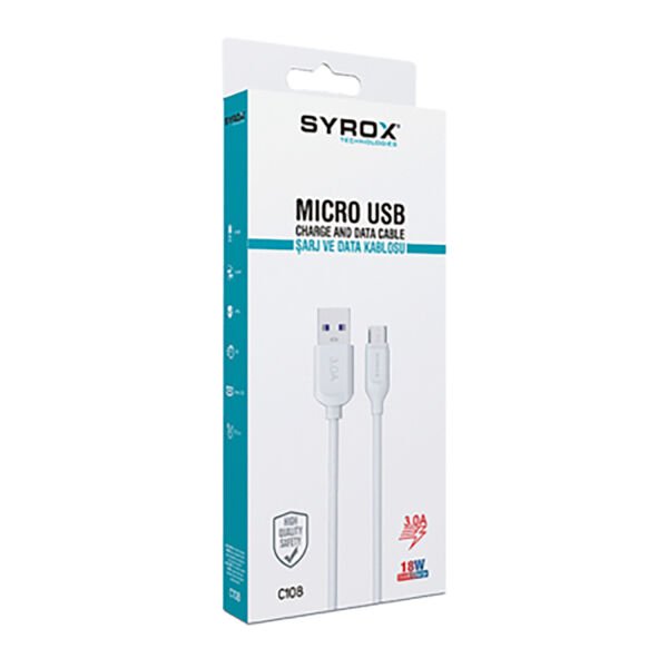 Syrox C108 3.0A 18W 1mt USB-A - Micro USB Şarj & Data Kablosu - Beyaz