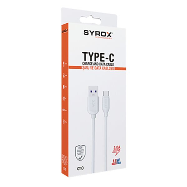 Syrox C110 3.0A 18W 1mt USB-A - Type-C Şarj & Data Kablosu - Beyaz