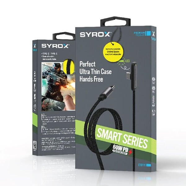 Syrox C131TT 60W PD 1.28mt Ledli Örgülü Type-C - 90° Type-C Şarj & Data Kablosu - Siyah