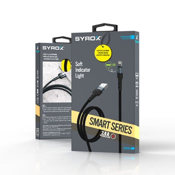 Syrox C135AL 2.4A 1.20mt Ledli Örgülü USB-A - Lightning Şarj & Data Kablosu - Siyah