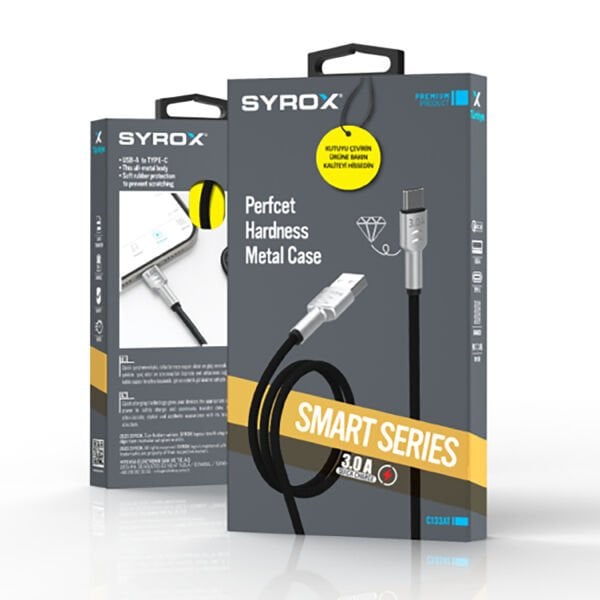 Syrox C133AT 3.0A 1.19mt Örgülü USB-A - Type-C Şarj & Data Kablosu - Siyah