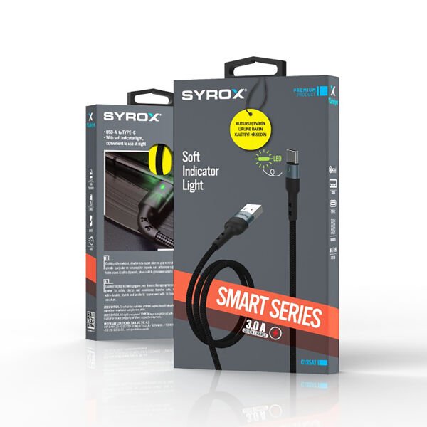 Syrox C135AT 3.0A 1.20mt Ledli Örgülü USB-A - Type-C Şarj & Data Kablosu - Siyah