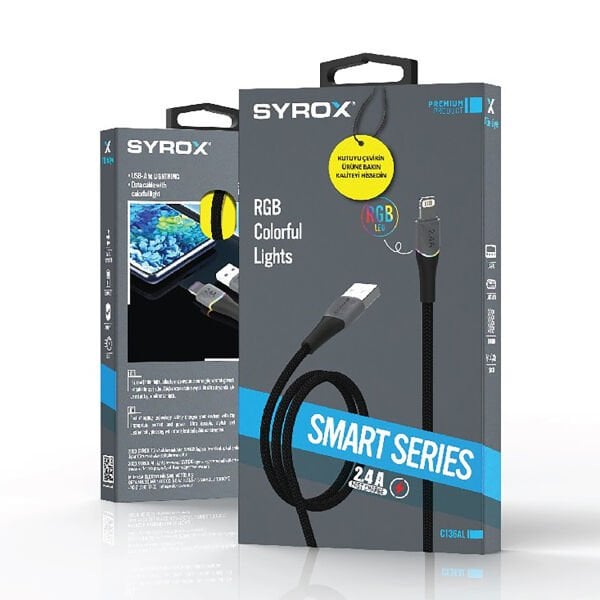 Syrox C136AL 2.4A 1.21mt RGB Ledli Örgülü USB-A - Lightning Şarj & Data Kablosu - Siyah