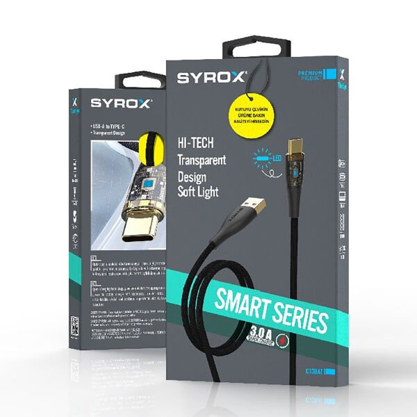 Syrox C138AT 3.0A 1.22mt Örgülü USB-A - Type-C Şarj & Data Kablosu - Siyah