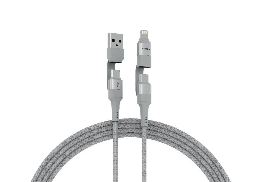 Syrox C142 60W PD 1.21mt Type-C - USB-A & Type-C - Lightning Dönüştürücülü Örgülü Type-C - Type-C Şarj & Data Kablosu - Gri