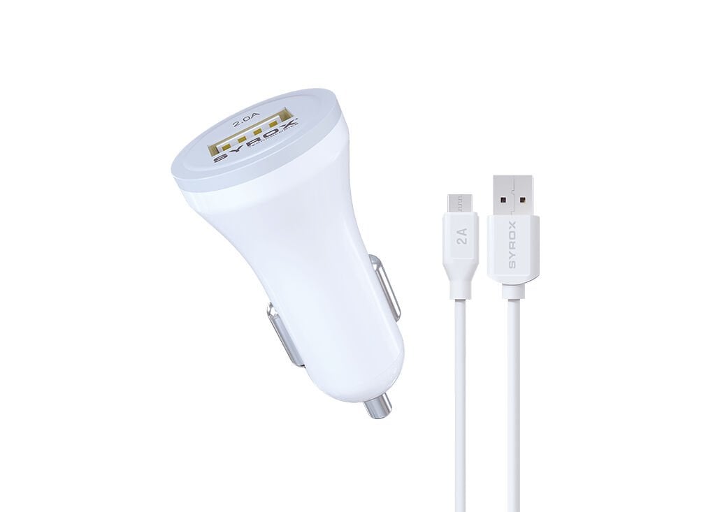 Syrox C44 2.0A 1mt USB-A - Micro USB Kablolu 1xUSB-A Çıkışlı Araç Şarj Cihazı - Beyaz