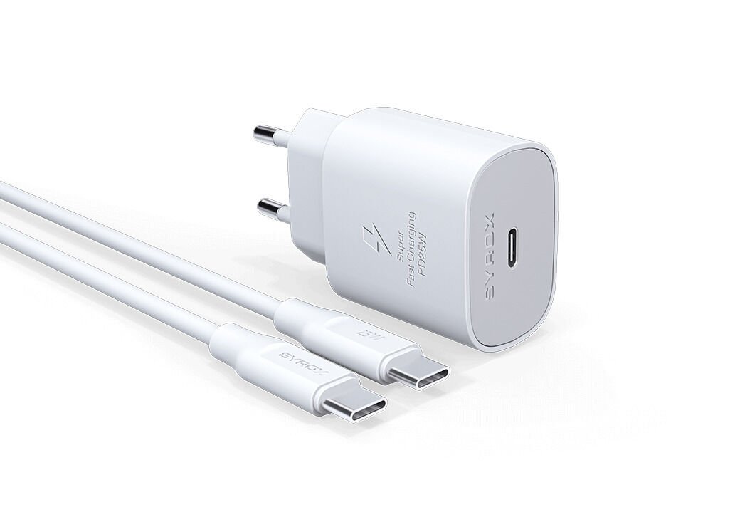 Syrox PD25T 3.0A 25W PD 1mt Type-C - Type-C Kablolu 1xType-C Çıkışlı Şarj Cihazı - Beyaz