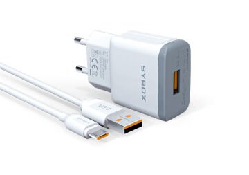 Syrox Q20 2.0A 1mt USB-A - Micro USB Kablolu 1xUSB-A Port Çıkışlı Şarj Cihazı - Beyaz