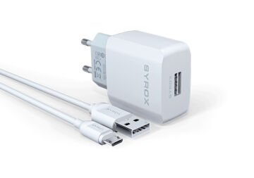 Syrox J47 2.6A 1mt USB-A - Micro USB Kablolu 1xUSB-A Port Çıkışlı Şarj Cihazı - Beyaz