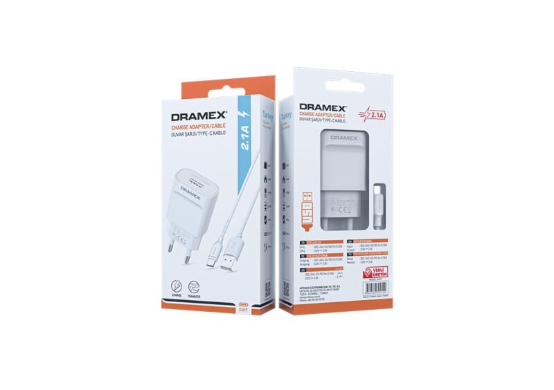 Dramex D21T 2.1A 1mt USB-A - Type-C Kablolu 1xUSB-A Port Çıkışlı Şarj Cihazı - Beyaz