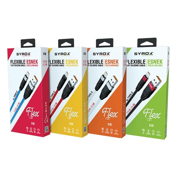Syrox C102 2.1A 1mt Yassı USB-A - Type-C Şarj & Data Kablosu - Siyah