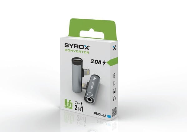 Syrox DT30L-LA Lightning - 1xLightning + 1x3.5mm AUX Midi Ses ve Şarj Ayırıcı Dönüştürücü - Gri
