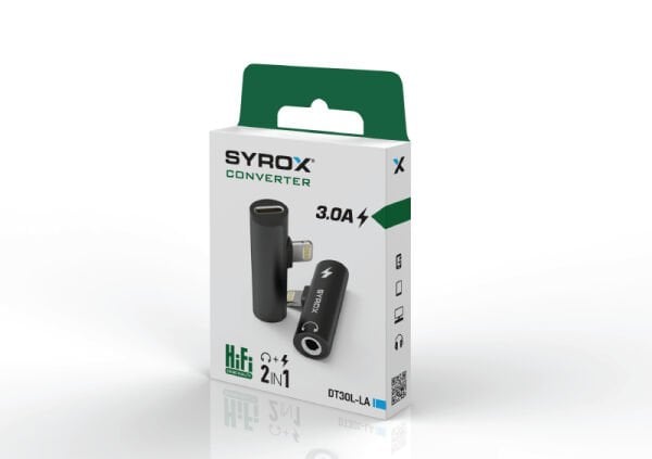 Syrox DT30L-LA Lightning - 1xLightning + 1x3.5mm AUX Midi Ses ve Şarj Ayırıcı Dönüştürücü - Siyah