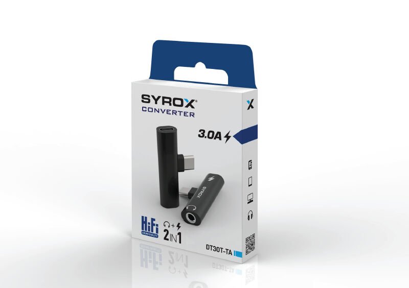 Syrox DT30T-TA Type-C - 1xType-C + 1x3.5mm AUX Maxi Ses ve Şarj Ayırıcı Dönüştürücü - Siyah