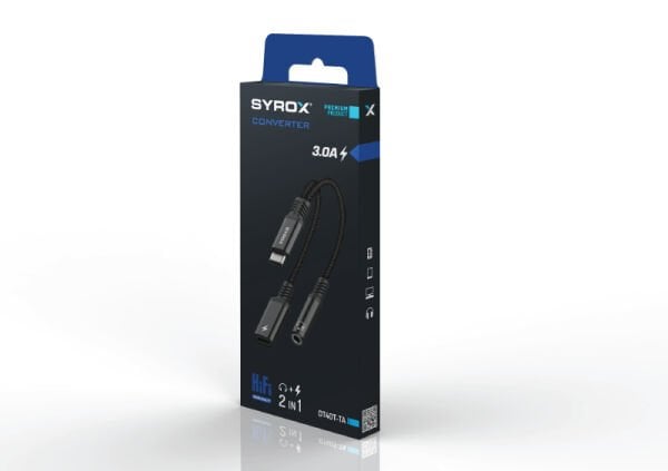 Syrox DT40T-TA Type-C - 1xType-C + 1x3.5mm AUX 2in1 Ses ve Şarj Ayırıcı Dönüştürücü - Siyah