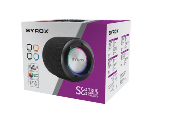 Syrox S33 RGB Ledli Hafıza Kartı + USB + 3.5mm AUX + FM + Eller Serbest 1x6W TWS Bluetooth 5.1 + EDR Kablosuz Hoparlör - Kırmızı