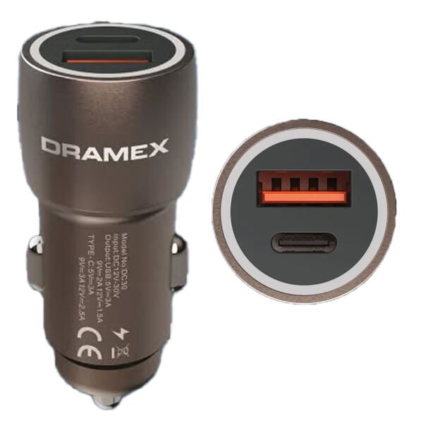 Dramex DC30T 3.1A 30W PD Q.C. 3.0 1mt Type-C - Type-C Kablolu 1xType-C + 1xUSB-A Port Çıkışlı Hızlı Araç Şarj Cihazı - Kahverengi