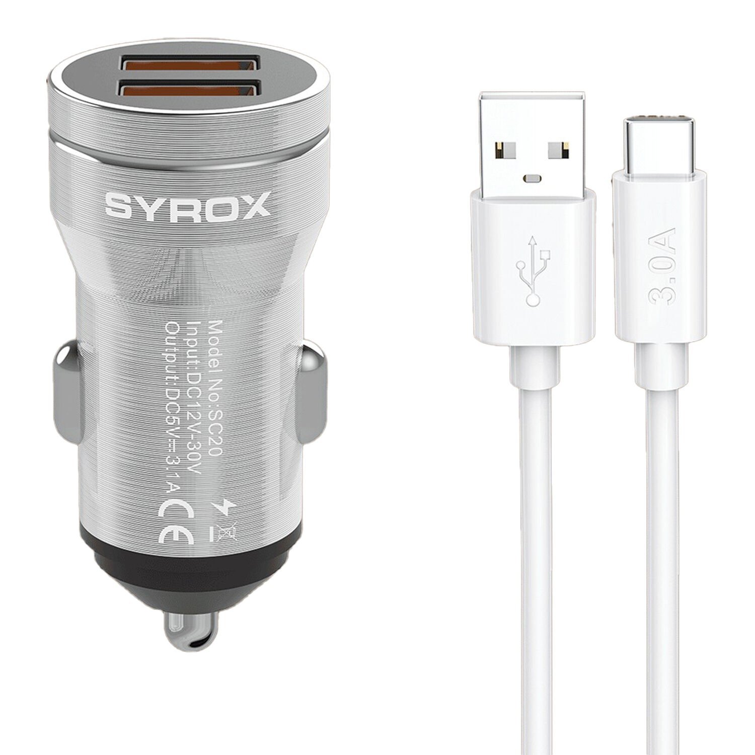 Syrox SC20T 3.1A Q.C. 3.0 1mt USB-A - Type-C Kablolu 2xUSB-A Port Çıkışlı Hızlı Araç Şarj Cihazı - Gri