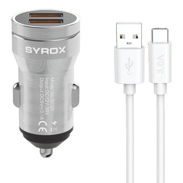 Syrox SC20T 3.1A Q.C. 3.0 1mt USB-A - Type-C Kablolu 2xUSB-A Port Çıkışlı Hızlı Araç Şarj Cihazı - Gri