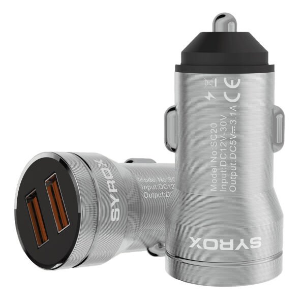 Syrox SC20T 3.1A Q.C. 3.0 1mt USB-A - Type-C Kablolu 2xUSB-A Port Çıkışlı Hızlı Araç Şarj Cihazı - Gri