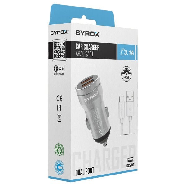 Syrox SC20T 3.1A Q.C. 3.0 1mt USB-A - Type-C Kablolu 2xUSB-A Port Çıkışlı Hızlı Araç Şarj Cihazı - Gri